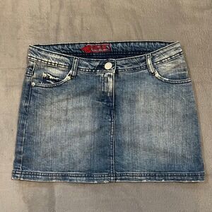 Y2K Pinkie Denim Mini Skirt Size 6 Blue Wash Low Rise‎ Rhinestone Pocket Detail